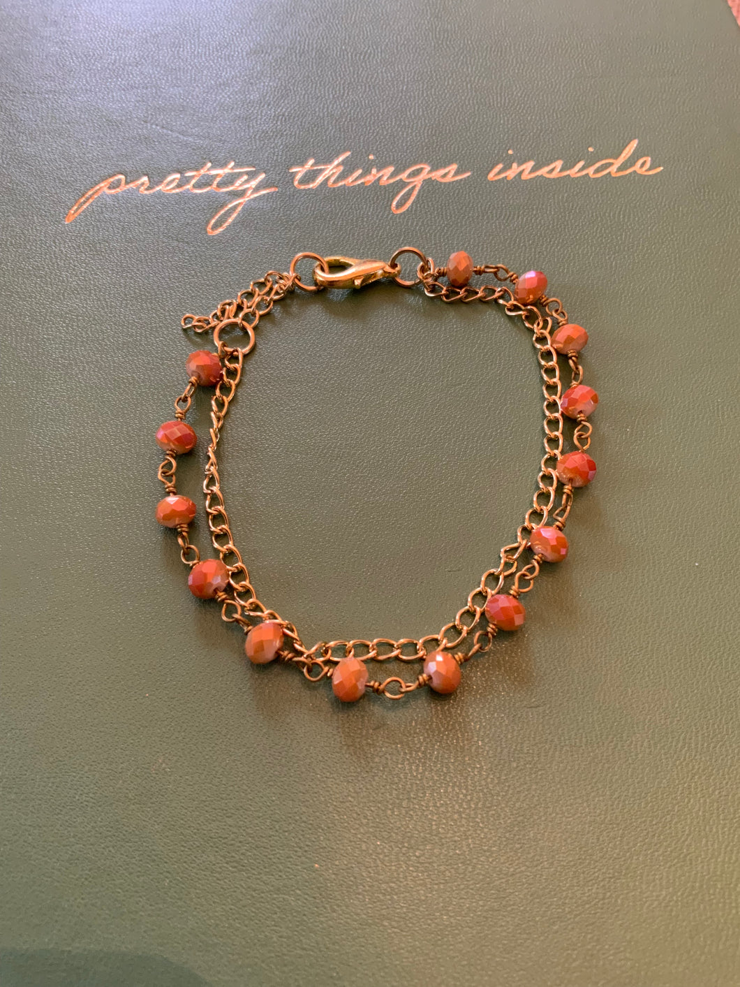 Double Strand Sunstone Beaded Wire Wrapped Bracelet with Gold Filled Chain and Findings