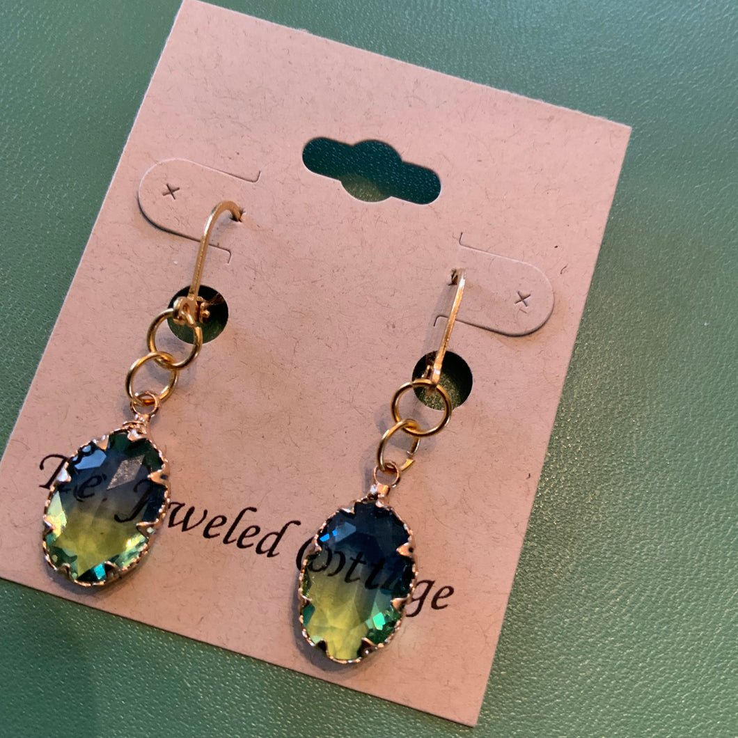 Lovely Drop Earrings in Blue, Green, AB (Aurora Borealis) Faceted Crystal Colorations