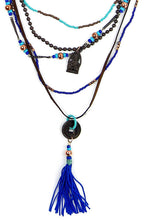 Load image into Gallery viewer, Ethnic, Multi Strand Indigo Blue, Brown and Turquoise Coin Tassel Necklace with Buddha Charm-OJ-COIN-IND
