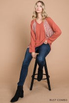 Cotton Bleu-Women’s Top #13077-WAS $59.00, Now $39.99- Shirt in Rust W Leopard Print Combo