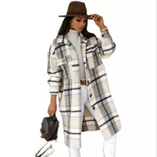 Load image into Gallery viewer, SALE!-Full Length Plaid Button Down Coat in Cream, Black, Gray and Tan Colorations, WAS $99.00-, NOW $39.99-RUNS SMALL
