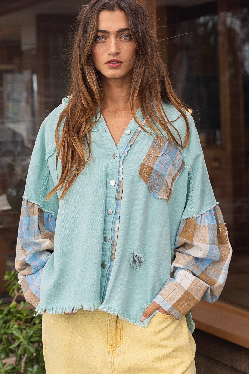 POL Shacket/Jacket-#59-Women’s Distressed Shacket/Jacket in Blue Lemonade Multi Colorations, WAS $79.99, Now $59.99