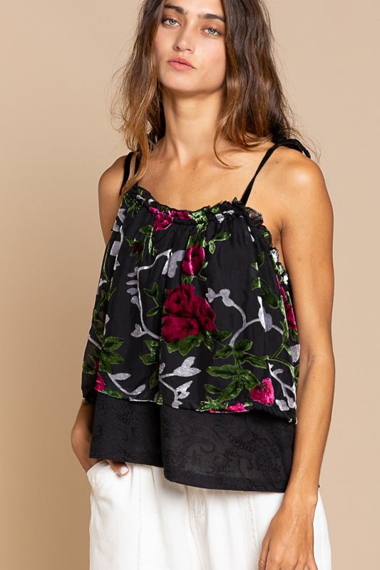 POL-Cami-NOW $39.00-#614 Spaghetti Strap, Velvet Burn Out, in Black/Green/Rose Colorations