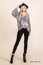 Load image into Gallery viewer, Cotton Bleu-Women’s Top #11570-WAS $59.00, Now $39.99-in Navy, Mauve &amp; Leopard Print
