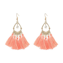 Load image into Gallery viewer, Tassel Earrings-SALE! Chandelier Style Tassel Earrings with Goldtone Filigree Finding and CZ Center Drop.
