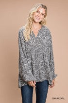 Load image into Gallery viewer, Cotton Bleu-Women’s Top #13010- WAS $59.00, Now $39.99- Blouse in Charcoal Print
