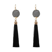 Load image into Gallery viewer, Tassel Earrings-Long Length with  Stripped Circular Ball and Tassel Drop, Gold-tone Connecters
