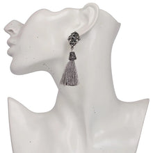 Load image into Gallery viewer, Tassel Earrings, Vintage Style with Metal Filigree Top and Tassel Dangle-ON SALE!
