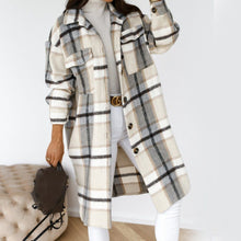 Load image into Gallery viewer, SALE!-Full Length Plaid Button Down Coat in Cream, Black, Gray and Tan Colorations, WAS $99.00-, NOW $39.99-RUNS SMALL
