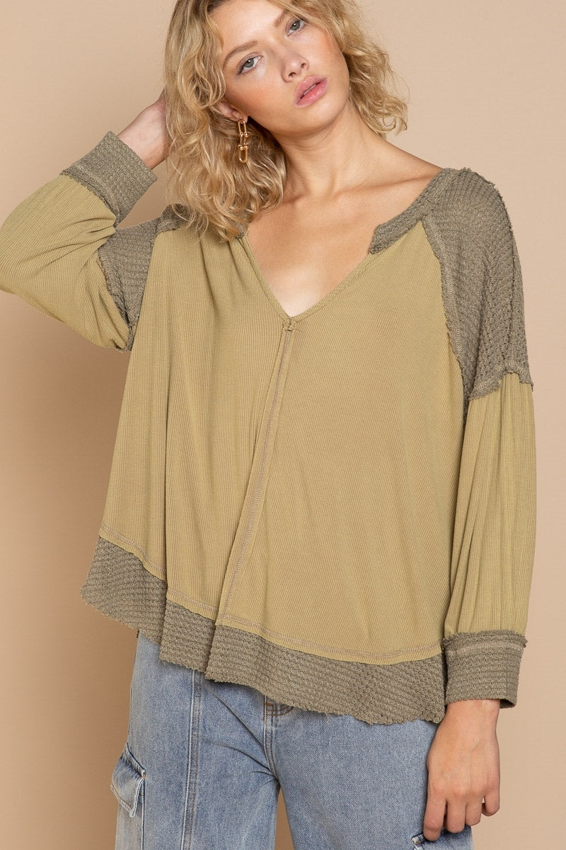 POL CLOTHING-NOW $39.99-Women’s V-Neck Top (#194) in Contrasting Dark and Light Olive WAS-$59.00