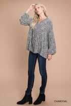 Load image into Gallery viewer, Cotton Bleu-Women’s Top #13010- WAS $59.00, Now $39.99- Blouse in Charcoal Print
