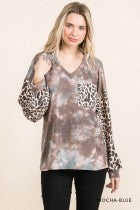 Load image into Gallery viewer, Cotton Bleu-Women’s Top #11570-WAS $59.00, Now $39.99- Mocha Blue &amp; Leopard print
