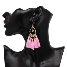 Load image into Gallery viewer, Tassel Earrings-SALE! Chandelier Style Tassel Earrings with Goldtone Filigree Finding and CZ Center Drop.
