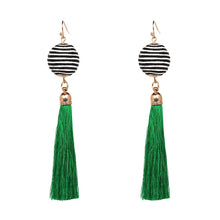 Load image into Gallery viewer, Tassel Earrings-Long Length with  Stripped Circular Ball and Tassel Drop, Gold-tone Connecters
