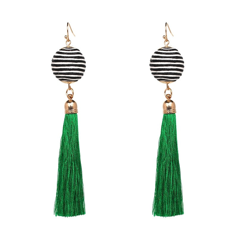 Tassel Earrings-Long Length with  Stripped Circular Ball and Tassel Drop, Gold-tone Connecters