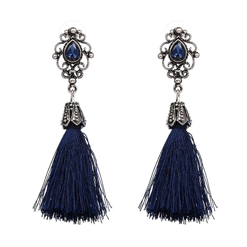 Tassel Earrings, Vintage Style with Metal Filigree Top and Tassel Dangle-ON SALE!