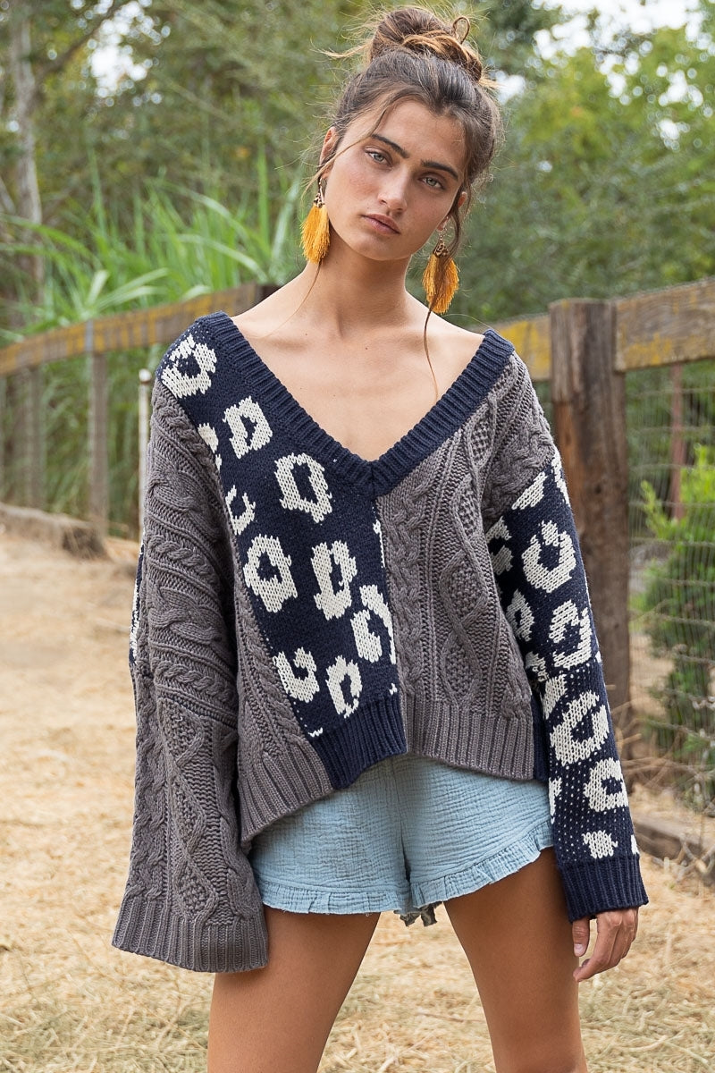 POL CLOTHING-Oversized Women’s Cropped Sweater (#590) in Midnight/Grey Print -SALE-WAS $69.00, Now-$39.99.-