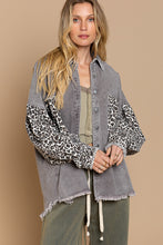 Load image into Gallery viewer, POL # 1165C-Women’s Denim Shacket/Jacket in Grey and Leopard Print Sleeves-Was $128.00, NOW $59.99
