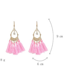 Load image into Gallery viewer, Tassel Earrings-SALE! Chandelier Style Tassel Earrings with Goldtone Filigree Finding and CZ Center Drop.
