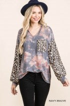 Load image into Gallery viewer, Cotton Bleu-Women’s Top #11570-WAS $59.00, Now $39.99-in Navy, Mauve &amp; Leopard Print
