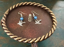 Load image into Gallery viewer, Whimsical, Vintage Style, Small Bluebird of Happiness, drop earrings, with bluish glass pearl, and bluebird in flight charm. Lead compliant.
