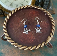 Load image into Gallery viewer, Whimsical, Vintage Style, Small Bluebird of Happiness, drop earrings, with blue swarovski crystal and bluebird charm. Lead compliant.
