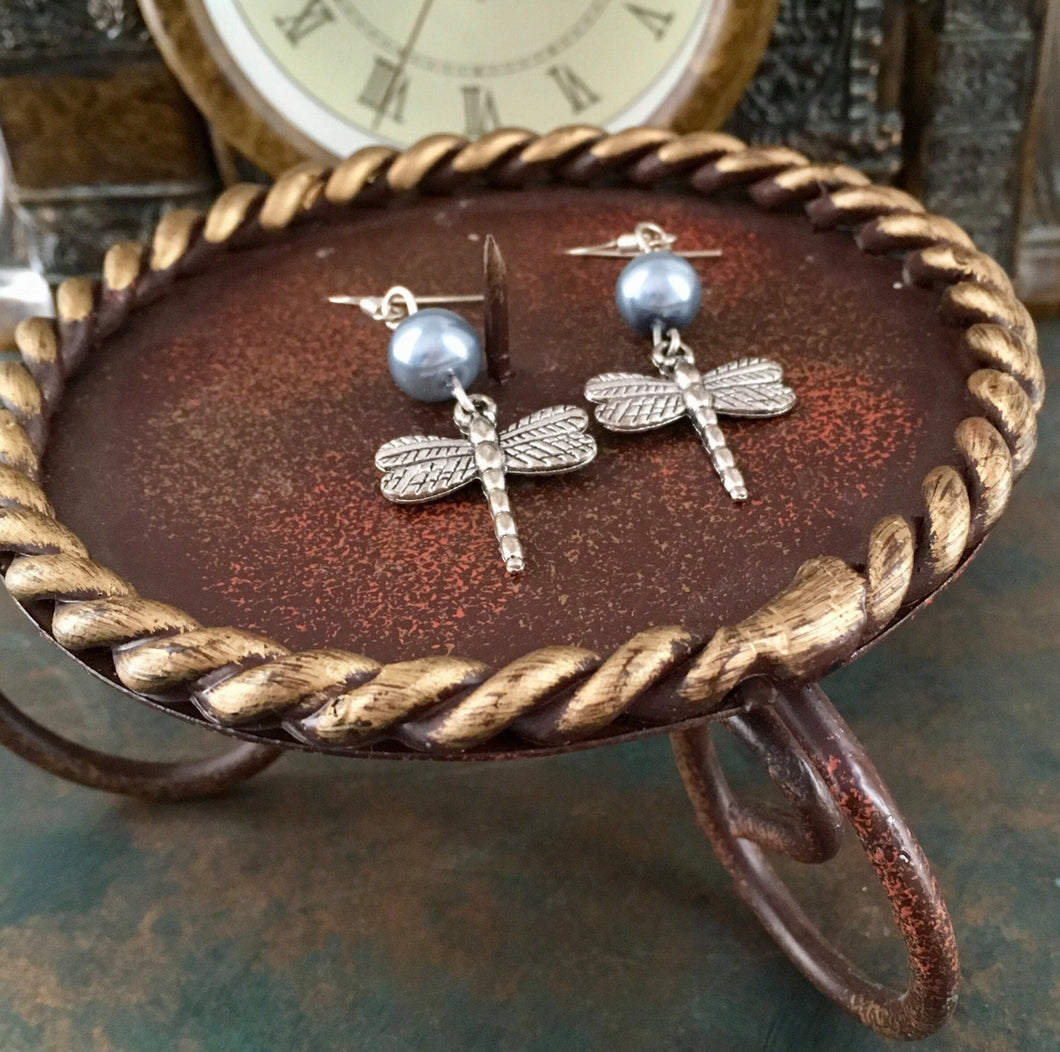 Whimsical, Vintage Style, dragonfly, drop earrings, with silver/grey glass pearl. Lead compliant.