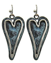 Load image into Gallery viewer, Heart Shaped Drop, Hammered Metal Earrings with Silver Tone Edging In Patina Green.
