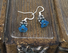 Load image into Gallery viewer, Whimsical, Tiny Fairy Flower, Drop Earrings with Blue Glass, Floral Bead, and silver findings.
