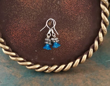 Load image into Gallery viewer, Whimsical, Tiny Fairy Flower, Drop Earrings with Blue Glass, Floral Bead, and silver findings.
