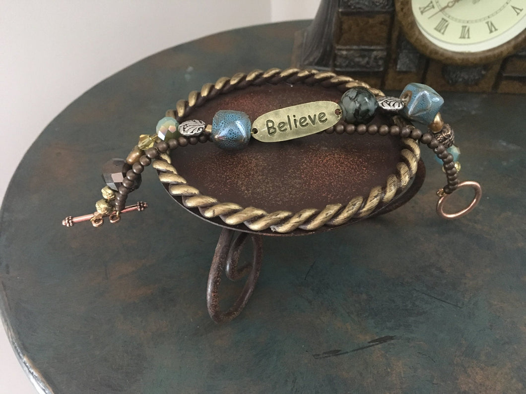 Inspirational, Handcrafted, Ceramic Bead and Swarovski Crystal 2 Strand Bracelet with Believe Tag