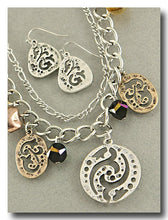 Load image into Gallery viewer, Handcrafted, Double Strand Necklace and Earring Set W/Multi colored Metal Charms and Beads in purple/green and copper colorations
