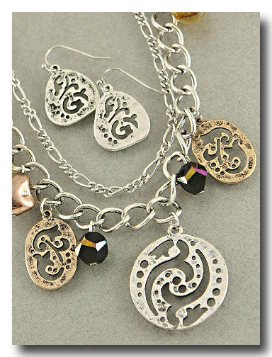 Handcrafted, Double Strand Necklace and Earring Set W/Multi colored Metal Charms and Beads in purple/green and copper colorations