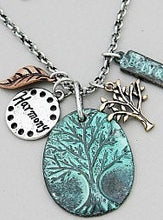 Load image into Gallery viewer, Inspirational, Tree of Life Necklace/ Earring Set with Harmony, Body/Soul Inscribed Metal charms, Leaf/Tree Dangles in Patina Green and more
