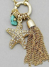 Load image into Gallery viewer, Beach Themed Starfish Charm Necklace and Earrings with Starfish Charm, Turquoise Dangle and Goldtone Tassle
