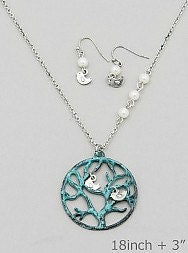 Inspirational, Tree of Life Necklace/Earring Set with Glass Pearls, Patina Green Tree and Bird Charms and Earrings-SOLD OUT!