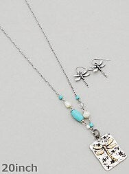 Dragonfly Earring and Necklace Set in Silver/Gold Tone Metal and Tuquoise/Freshwater Pearl Bead Colorations