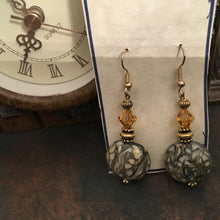 Load image into Gallery viewer, Fun N Funky, Handcrafted, Ceramic and Swarovski Drop Earrings in Earth Tone Grey Green and Cream Colorations. Gold Tone  Fish wire Earwire
