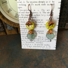 Load image into Gallery viewer, Czech Glass, Boho, Hand Crafted, Earrings in Lime/Gold Czech Glass Beads with Copper Colored Glass Flowers and Blue/Green Glass Leaves
