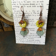 Load image into Gallery viewer, Czech Glass, Boho, Hand Crafted, Earrings in Lime/Gold Czech Glass Beads with Copper Colored Glass Flowers and Blue/Green Glass Leaves
