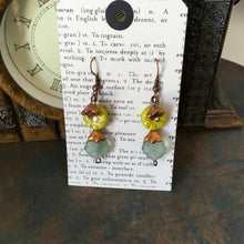 Load image into Gallery viewer, Czech Glass, Boho, Hand Crafted, Earrings in Lime/Gold Czech Glass Beads with Copper Colored Glass Flowers and Blue/Green Glass Leaves
