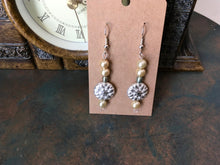 Load image into Gallery viewer, Czech Glass, Boho, Hand Crafted, Beaded Earrings in  Czech Glass and Silver Wash Patina Beads with Cream Goldtone Colored Glass Pearls.
