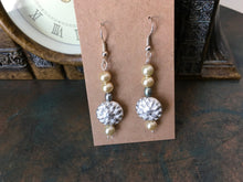 Load image into Gallery viewer, Czech Glass, Boho, Hand Crafted, Beaded Earrings in  Czech Glass and Silver Wash Patina Beads with Cream Goldtone Colored Glass Pearls.
