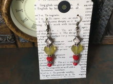 Load image into Gallery viewer, Czech Glass, Boho, Hand Crafted, Fun N Funky, Beaded Earrings in Red Czech Glass Beads with  Lt. Green Frosted Glass Leaves
