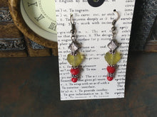 Load image into Gallery viewer, Czech Glass, Boho, Hand Crafted, Fun N Funky, Beaded Earrings in Red Czech Glass Beads with  Lt. Green Frosted Glass Leaves
