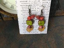 Load image into Gallery viewer, Czech Glass, Boho,Hand Crafted, Earrings in Lime/Gold Czech Glass Beads with Copper Colored Glass Flowers and Amber Colored Glass Leaves
