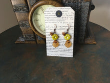 Load image into Gallery viewer, Czech Glass, Boho,Hand Crafted, Earrings in Lime/Gold Czech Glass Beads with Copper Colored Glass Flowers and Frosted Amber Colored Leaves
