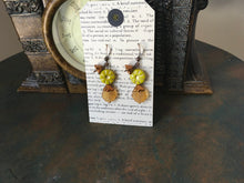 Load image into Gallery viewer, Czech Glass, Boho,Hand Crafted, Earrings in Lime/Gold Czech Glass Beads with Copper Colored Glass Flowers and Frosted Amber Colored Leaves
