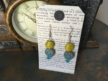 Load image into Gallery viewer, Czech Glass, Boho,Hand Crafted, Beaded Earrings in Aqua/Bronze Czech Glass Beads, Lime Green/Gold Czech Beads and Aqua Swarovski Crystal
