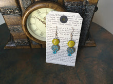 Load image into Gallery viewer, Czech Glass, Boho,Hand Crafted, Beaded Earrings in Aqua/Bronze Czech Glass Beads, Lime Green/Gold Czech Beads and Aqua Swarovski Crystal
